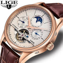 LIGE Automatic Tourbillon Watch | Genuine Leather Skeleton Mechanical Timepiece - Lancetto